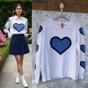 Zaket & Plover 100% Cotton Heart Intarsia Sweater Size L | White Blue Knit